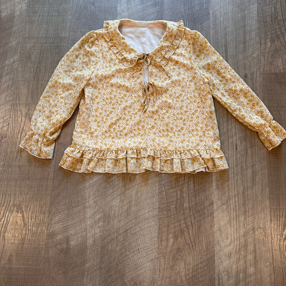 O2 Mustard Yellow Floral Boho Blouse Women’s Small Ruffle Long Sleeve Top